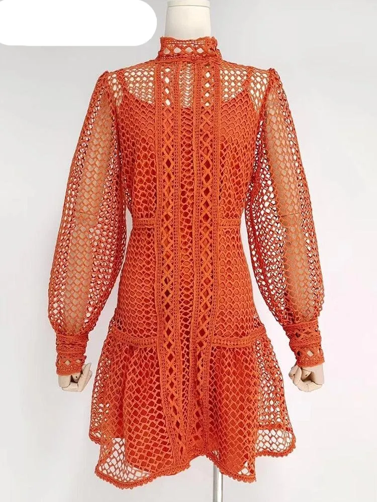 Elegant Lantern Sleeve Vintage Dress with Chic Stand Collar