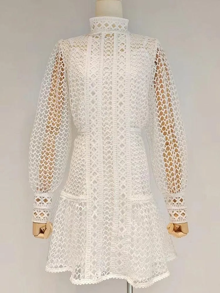 Elegant Lantern Sleeve Vintage Dress with Chic Stand Collar