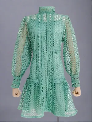 Elegant Lantern Sleeve Vintage Dress with Chic Stand Collar