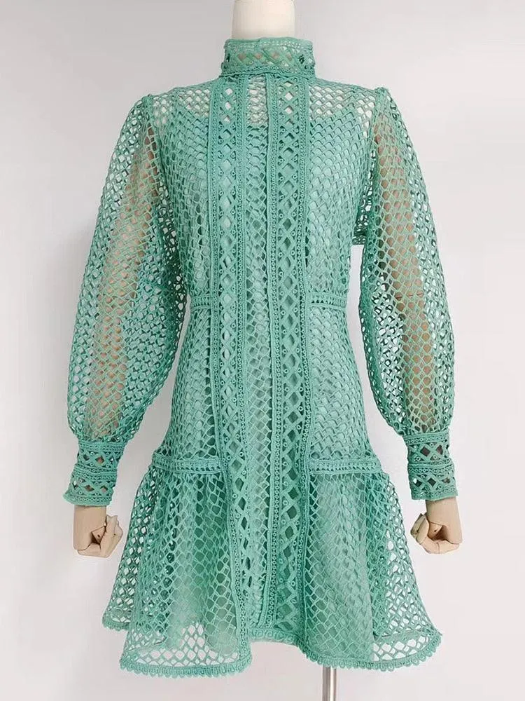 Elegant Lantern Sleeve Vintage Dress with Chic Stand Collar