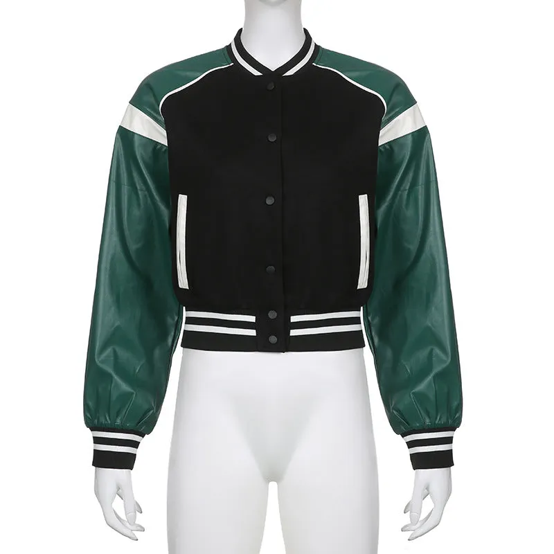 Fashion Street Women's Threaded Leather Baseball Suit Casual Jacket