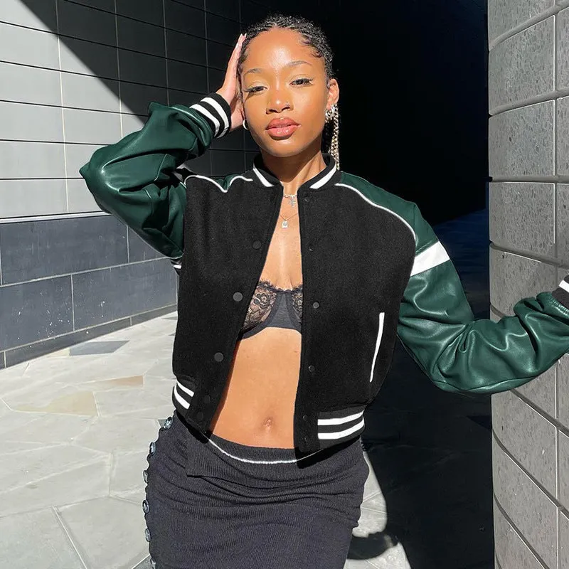Fashion Street Women's Threaded Leather Baseball Suit Casual Jacket