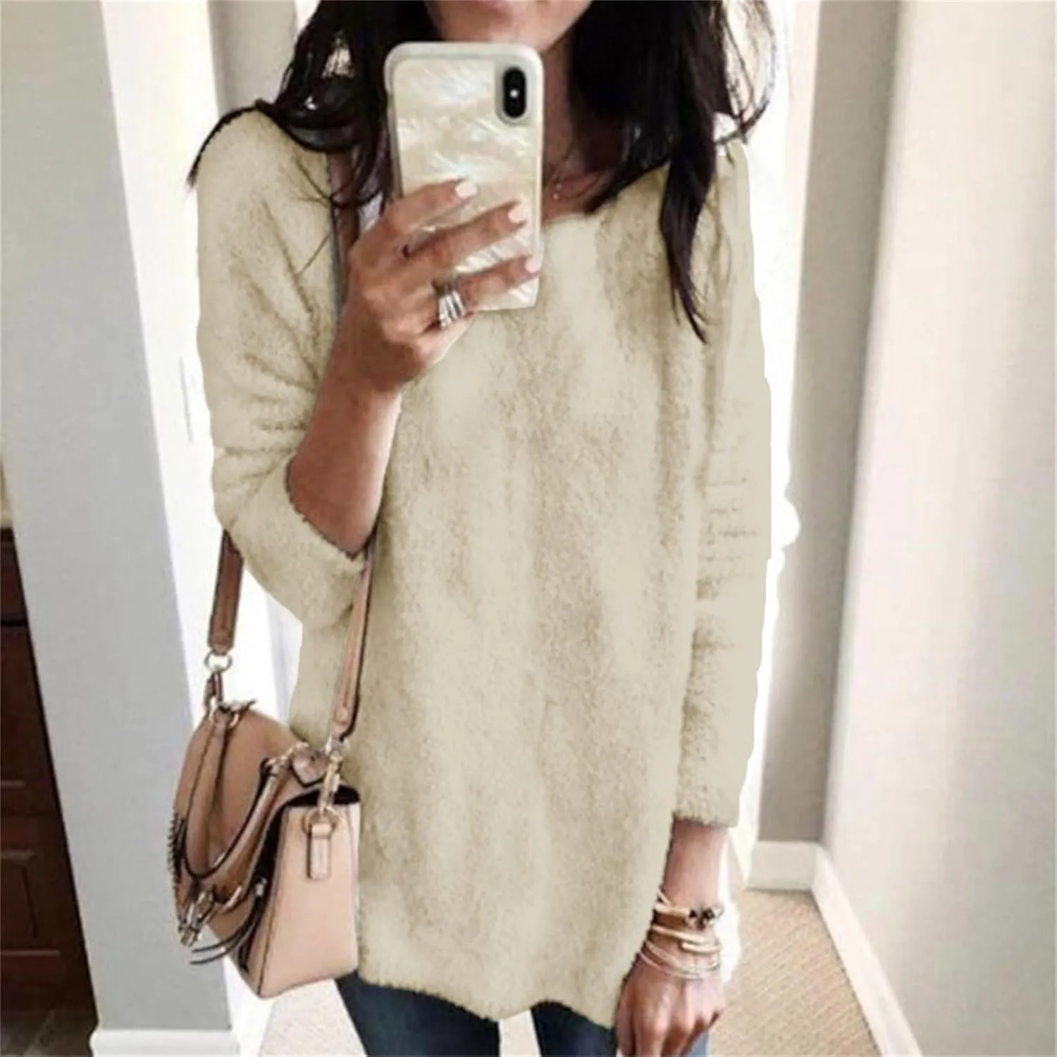 GIERIDUC Women's Oversized Sweaters 2024 Fall Fuzzy Warm Long Pullover Pockets Crewneck Long Sleeve Tunic Tops for Leggings