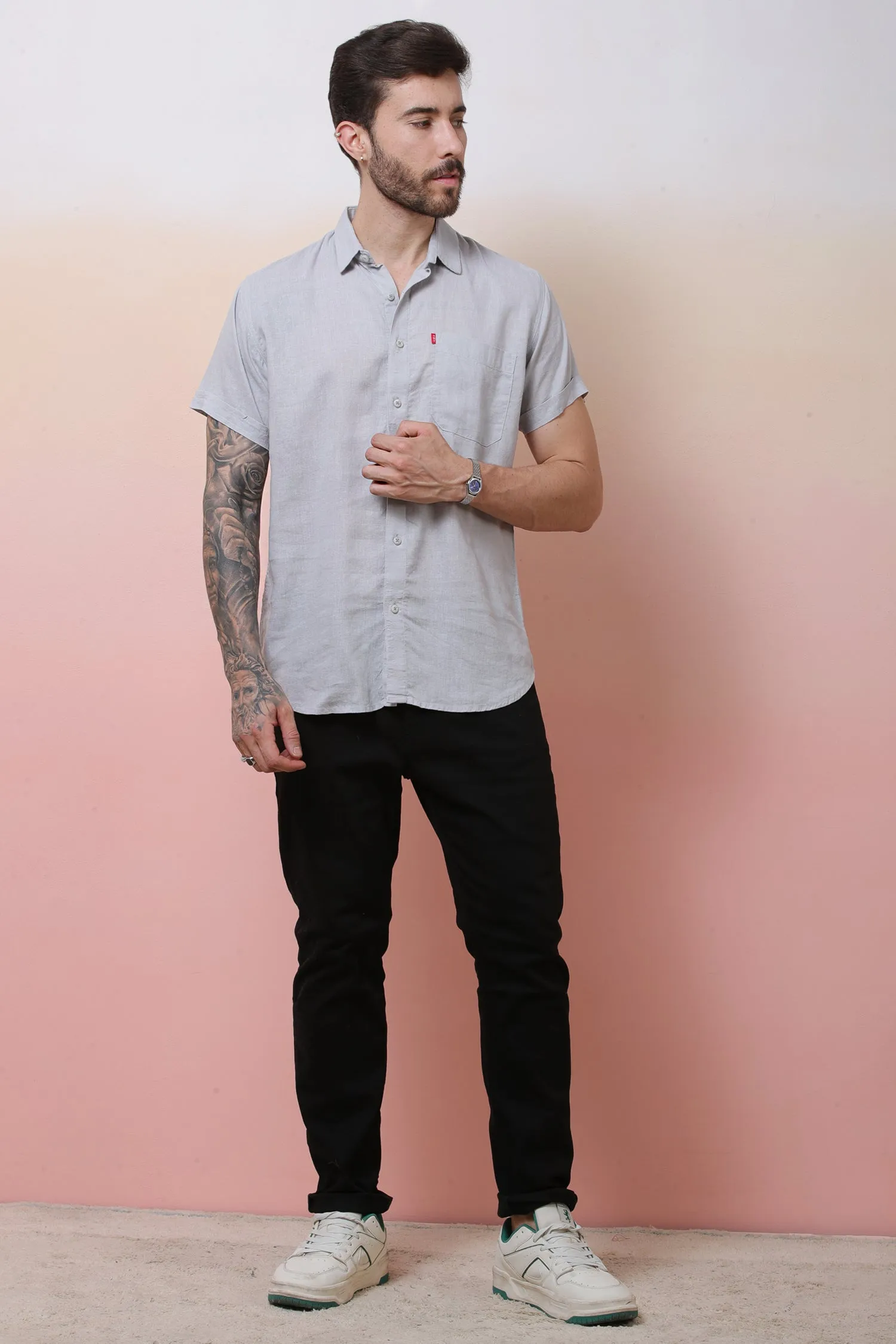 Halfsleeve LightGrey Linen Plian Shirt