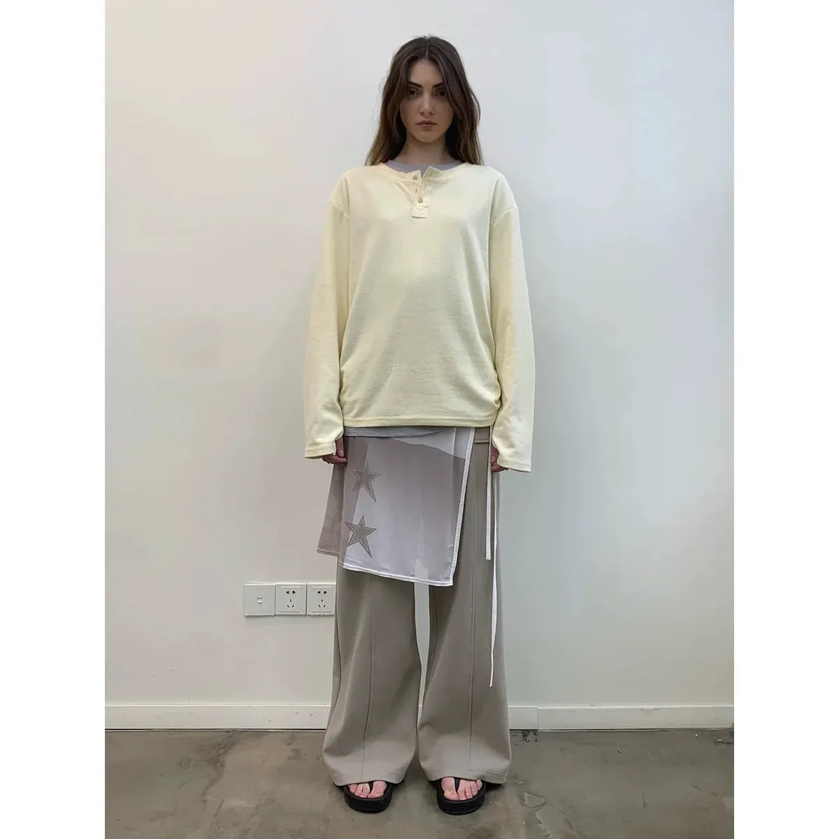 Henley Collar Long-Sleeved Top