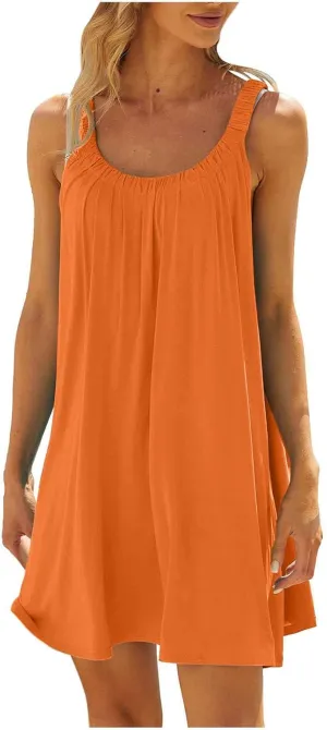 hlysgo Beach Dresses for Women Summer Loose Crew Neck Sleeveless Sundresses Solid Swimsuit Coverup Knee Length Mini Dress