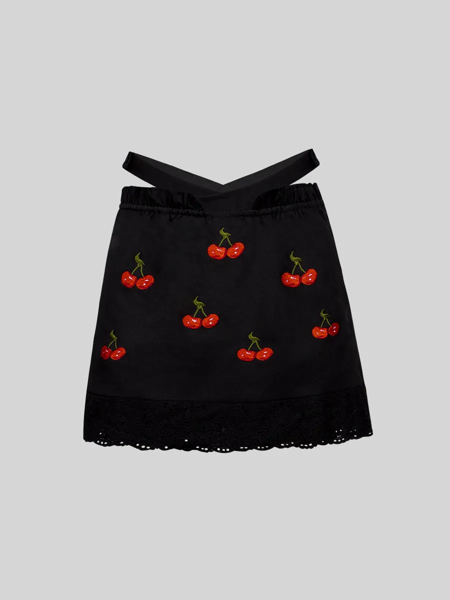 Lace Lace-up Shirt Top   Cherry Skirt Set