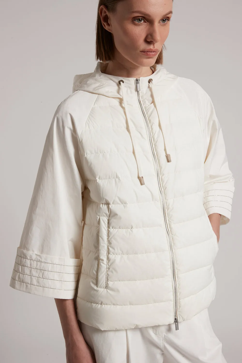 light white down jacket with hood