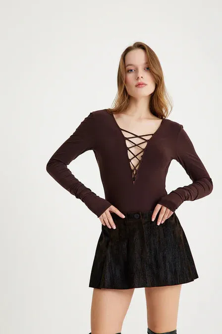 Liona Brown Decollete Long Sleeve Bodysuit