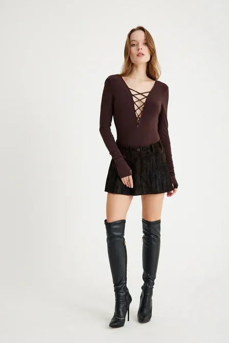 Liona Brown Decollete Long Sleeve Bodysuit