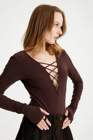 Liona Brown Decollete Long Sleeve Bodysuit