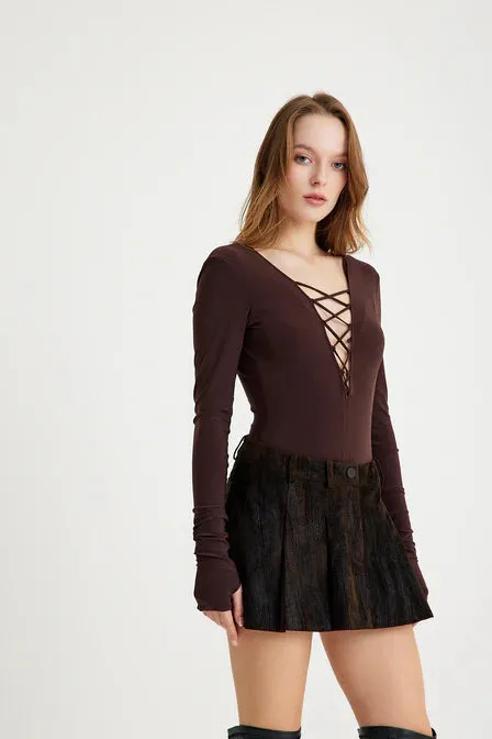 Liona Brown Decollete Long Sleeve Bodysuit