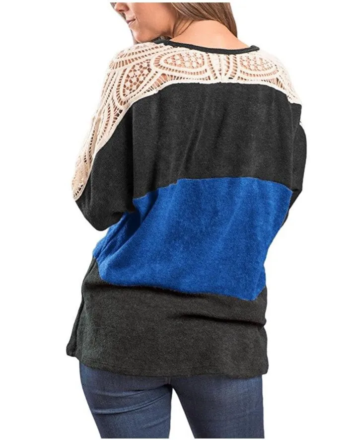 Loose Color Block Lace Patchwork Long Sleeves T-shirt
