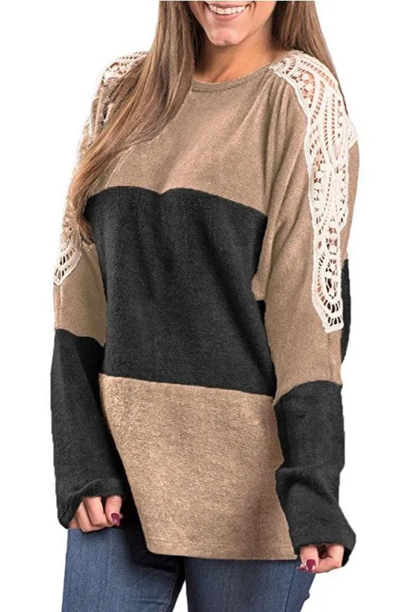 Loose Color Block Lace Patchwork Long Sleeves T-shirt