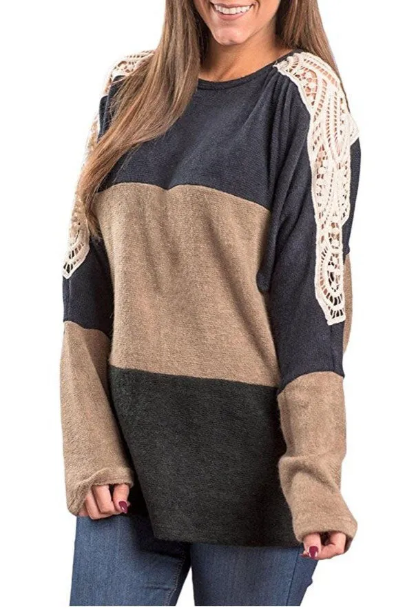 Loose Color Block Lace Patchwork Long Sleeves T-shirt