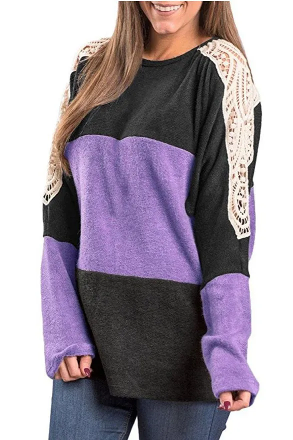 Loose Color Block Lace Patchwork Long Sleeves T-shirt