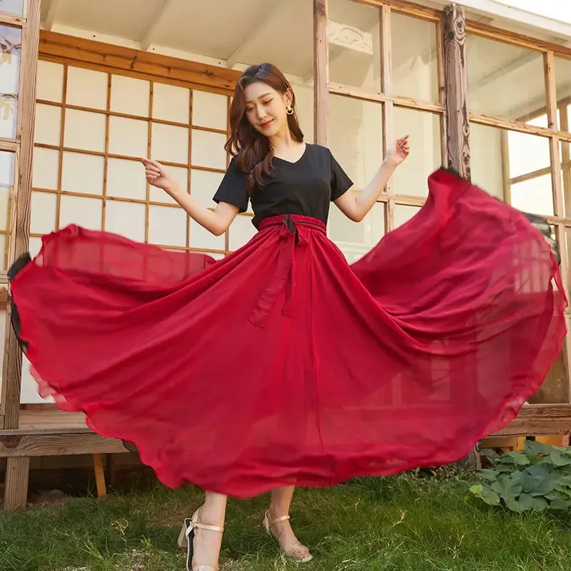 LVSANW 2025 Dance Skirts Chiffon Long Skirts For Women Elegant Casual High Waist Boho Beach Maxi Skirts Wear On Both Sides Saias Femme