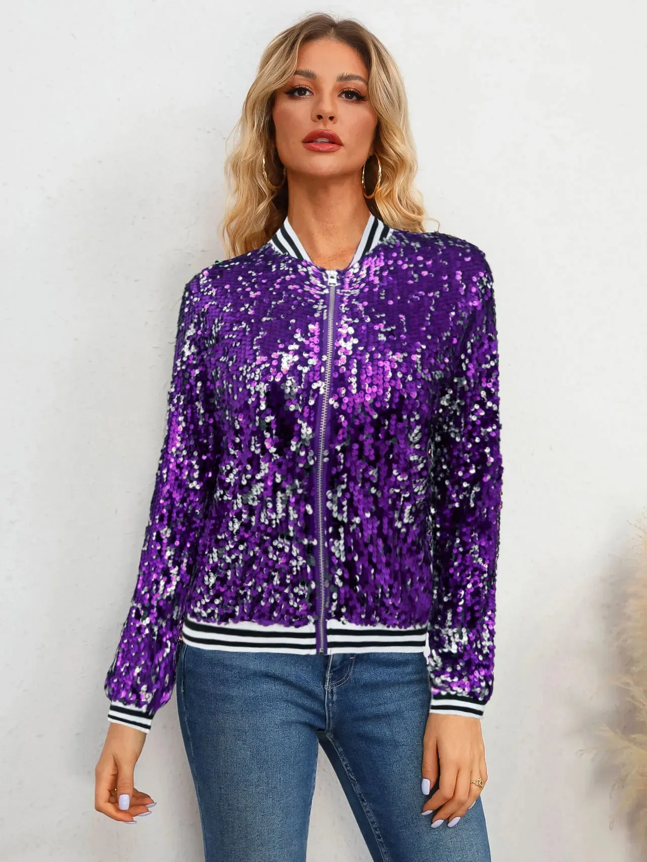 LVSANW Sparkling Striped Bomber Sequin Jacket Trendy Zip Up Long Sleeve Streetwear for Women