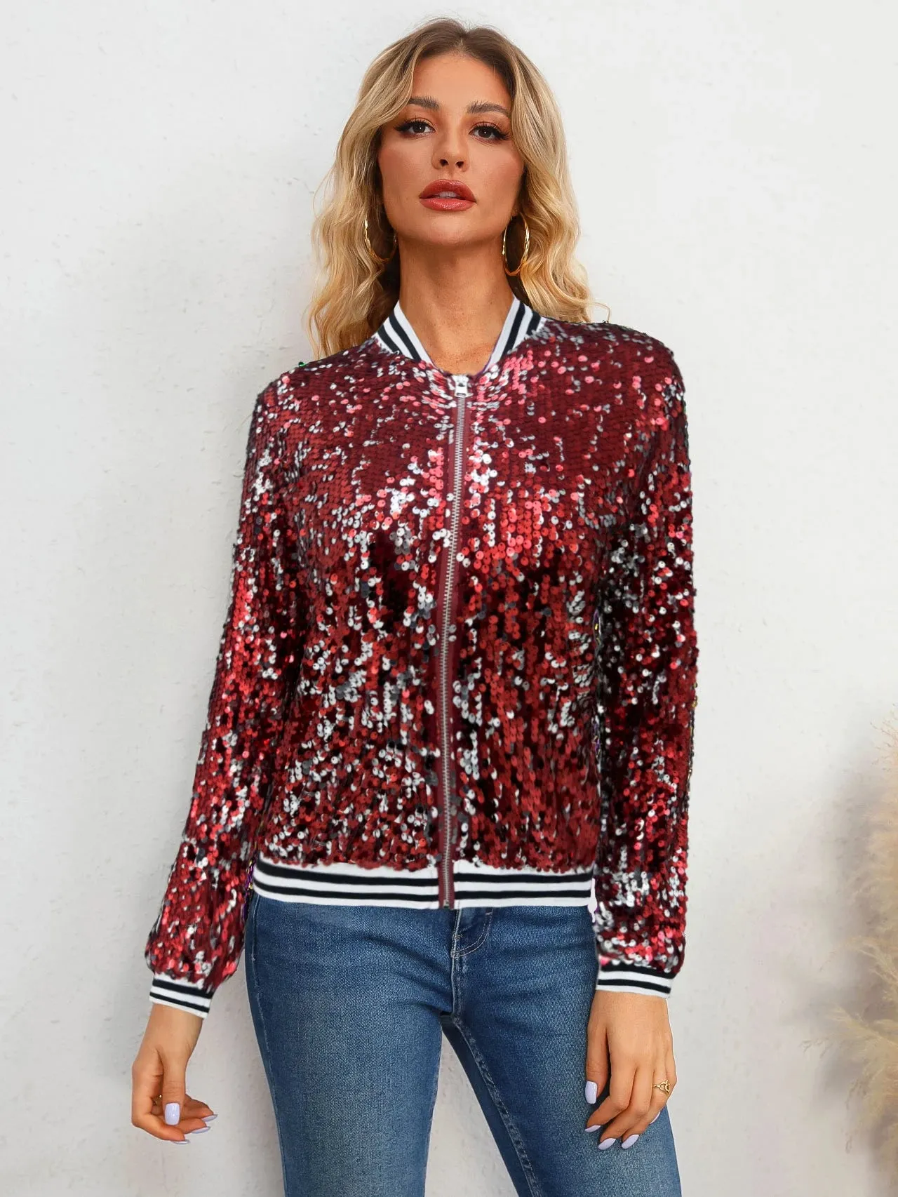 LVSANW Sparkling Striped Bomber Sequin Jacket Trendy Zip Up Long Sleeve Streetwear for Women