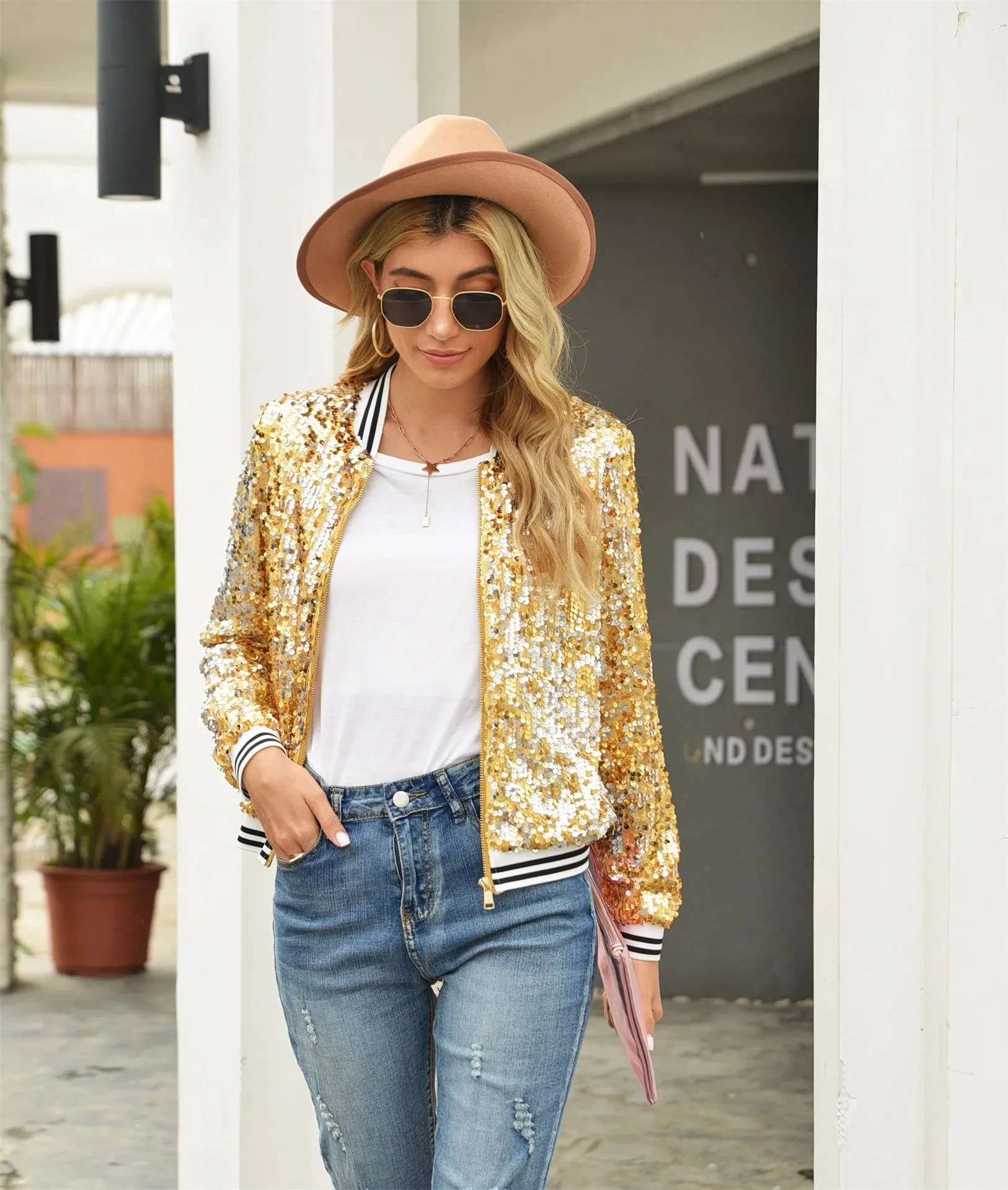 LVSANW Sparkling Striped Bomber Sequin Jacket Trendy Zip Up Long Sleeve Streetwear for Women