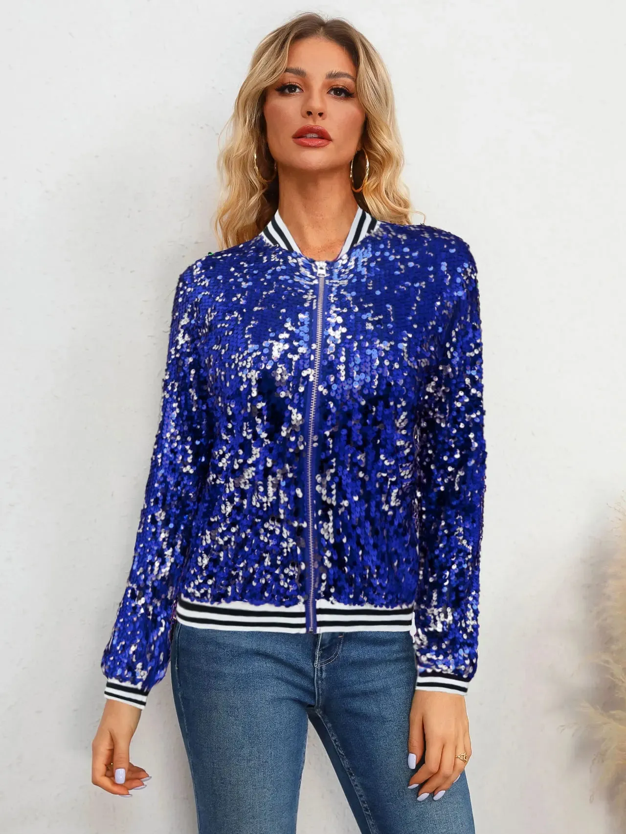 LVSANW Sparkling Striped Bomber Sequin Jacket Trendy Zip Up Long Sleeve Streetwear for Women
