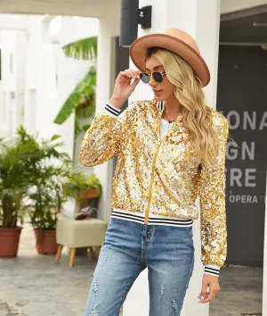 LVSANW Sparkling Striped Bomber Sequin Jacket Trendy Zip Up Long Sleeve Streetwear for Women
