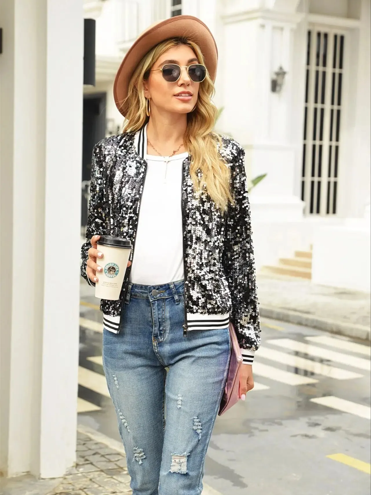 LVSANW Sparkling Striped Bomber Sequin Jacket Trendy Zip Up Long Sleeve Streetwear for Women