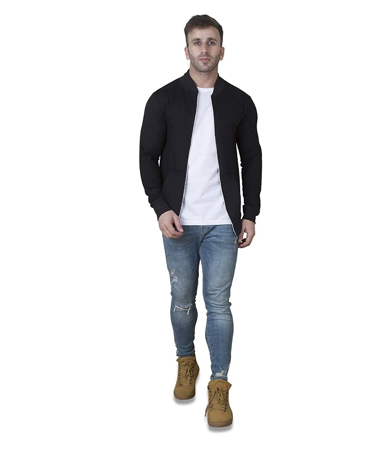 Men's Cotton Regular Fit Solid Varsity Jacket - Black