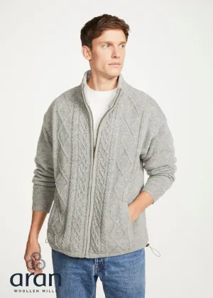 Mens Lined Wool Aran Cardigan | Grey - Clearance