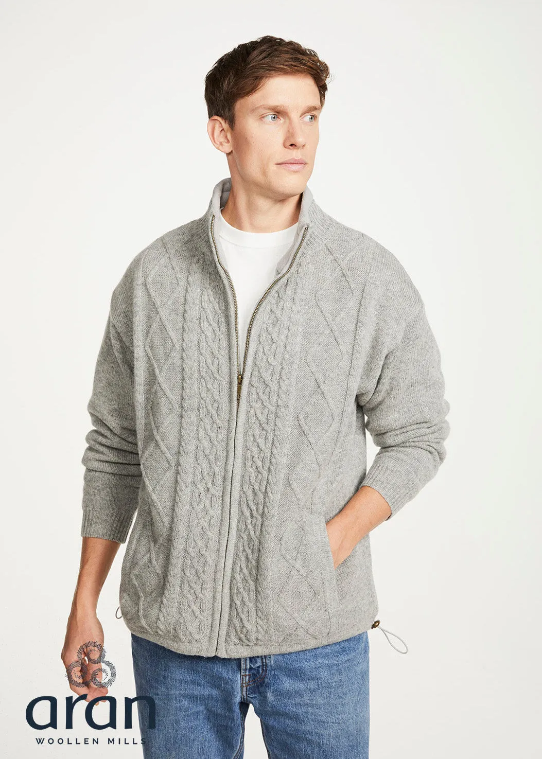 Mens Lined Wool Aran Cardigan | Grey - Clearance
