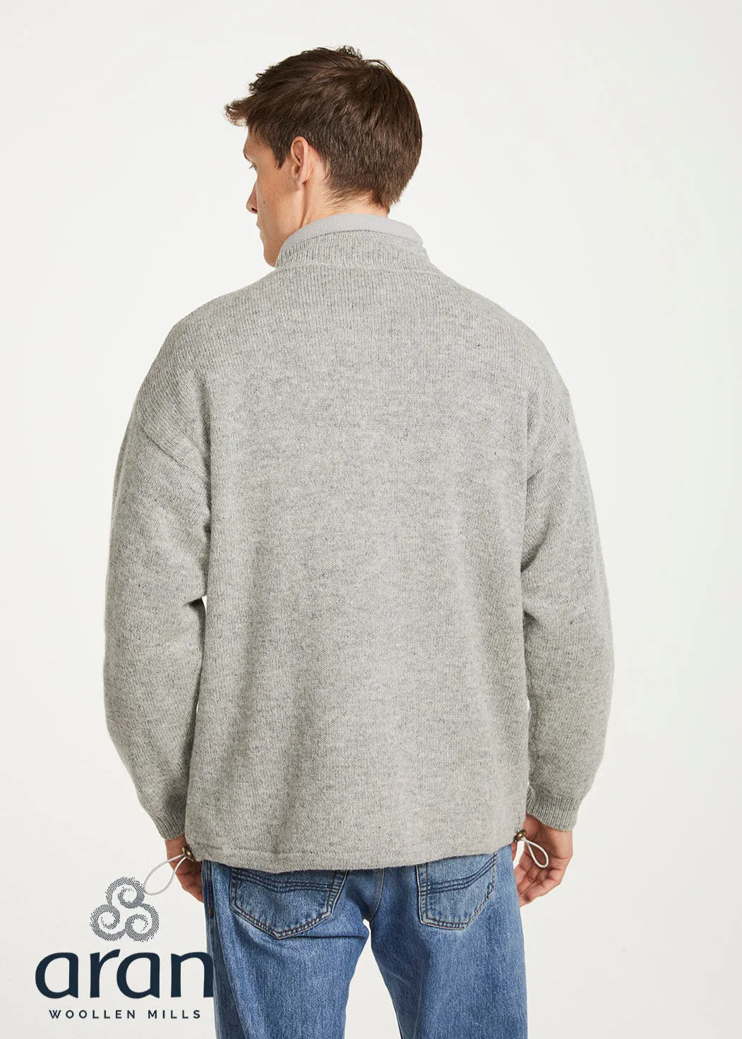 Mens Lined Wool Aran Cardigan | Grey - Clearance