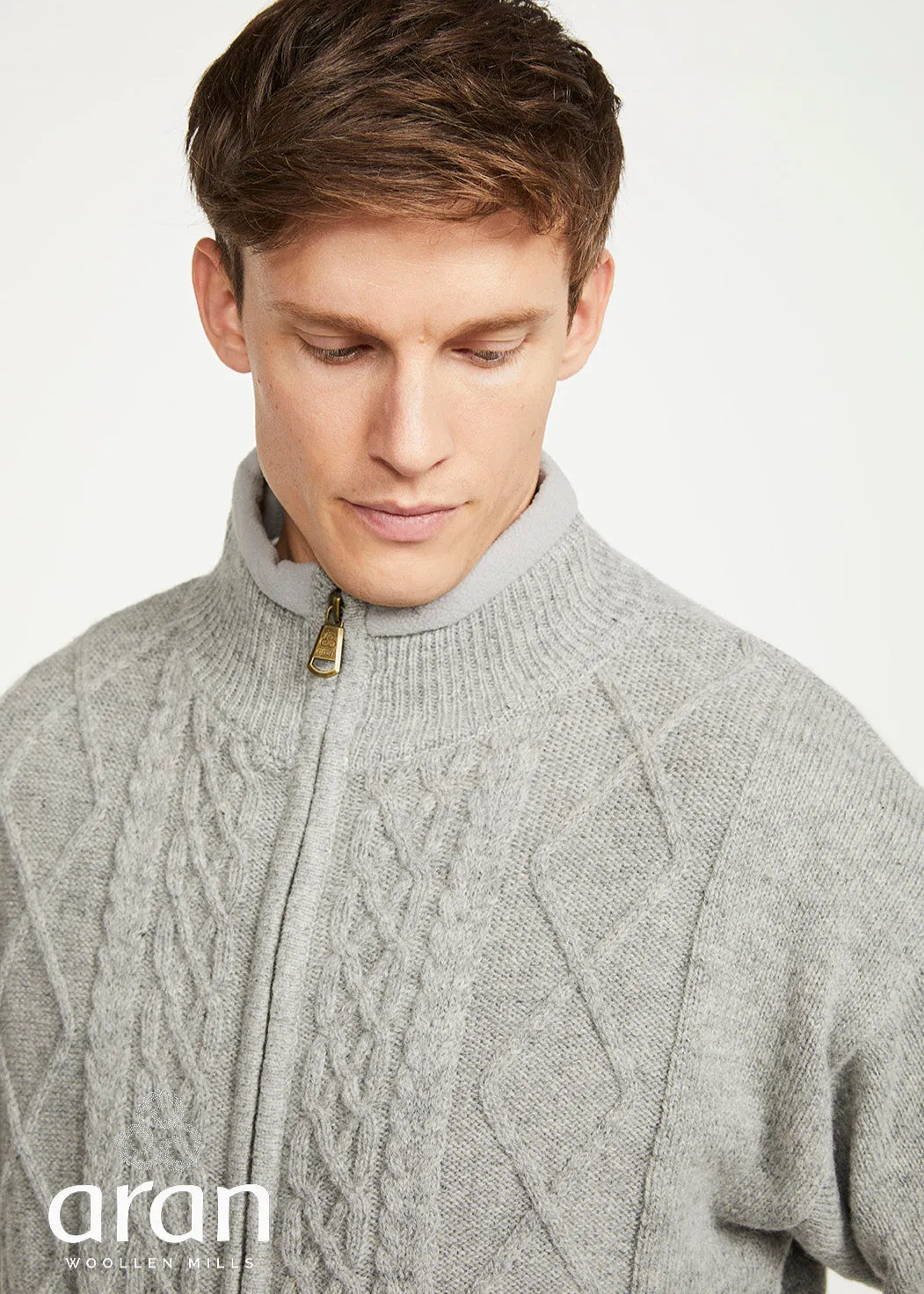 Mens Lined Wool Aran Cardigan | Grey - Clearance