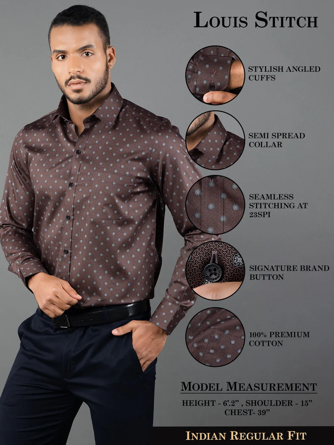 Men's Regular Fit Floral Brown Formal Shirt