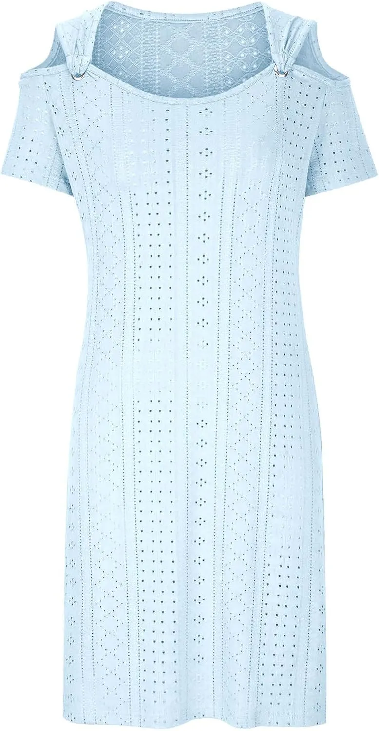 Mzkdieey Women Eyelet Embroidery Cold Shoulder T Shirt Dress Summer Short Sleeve Scoop Neck Sweet Ring Straps Beach Sundress