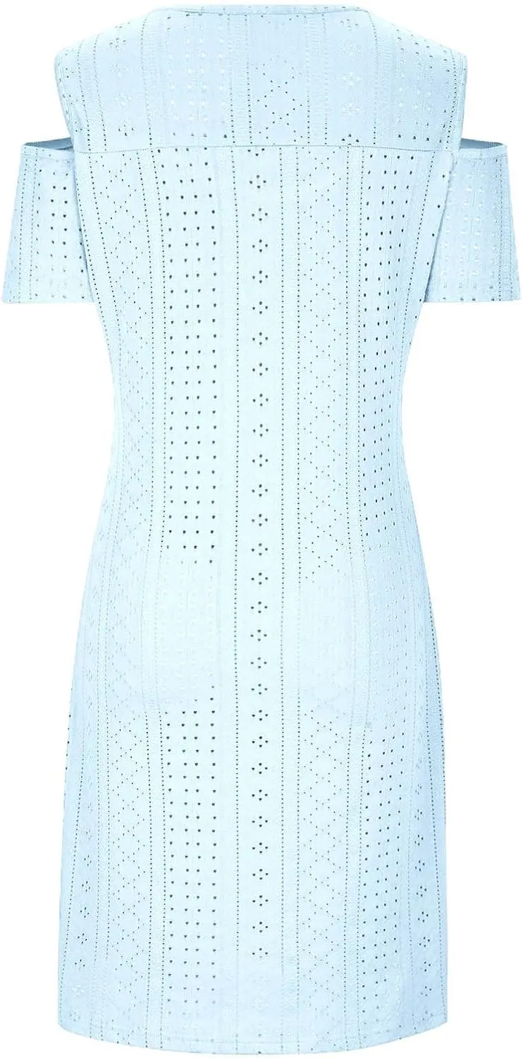 Mzkdieey Women Eyelet Embroidery Cold Shoulder T Shirt Dress Summer Short Sleeve Scoop Neck Sweet Ring Straps Beach Sundress