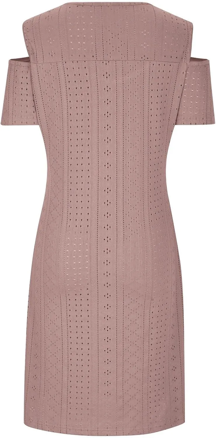Mzkdieey Women Eyelet Embroidery Cold Shoulder T Shirt Dress Summer Short Sleeve Scoop Neck Sweet Ring Straps Beach Sundress