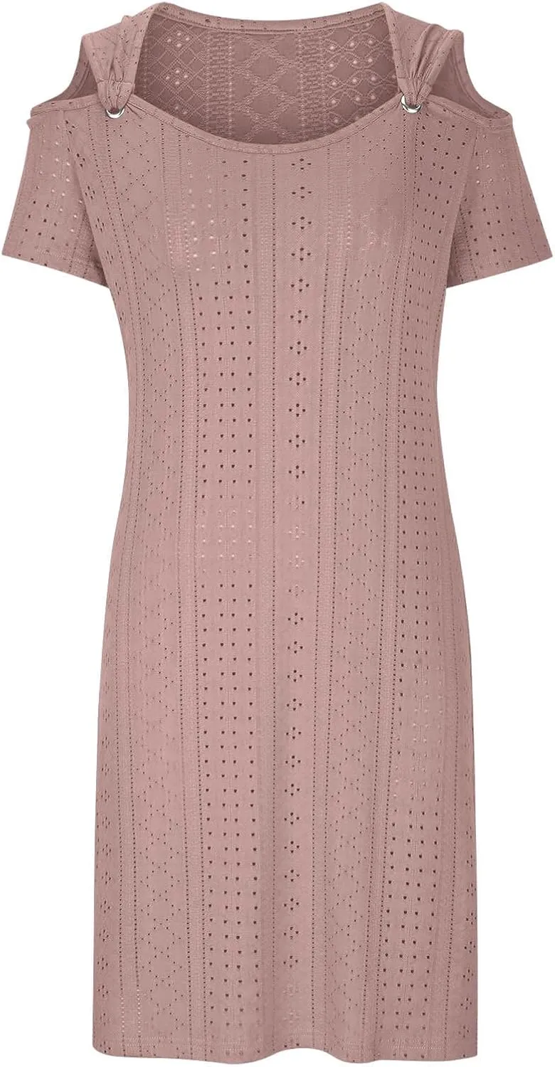 Mzkdieey Women Eyelet Embroidery Cold Shoulder T Shirt Dress Summer Short Sleeve Scoop Neck Sweet Ring Straps Beach Sundress