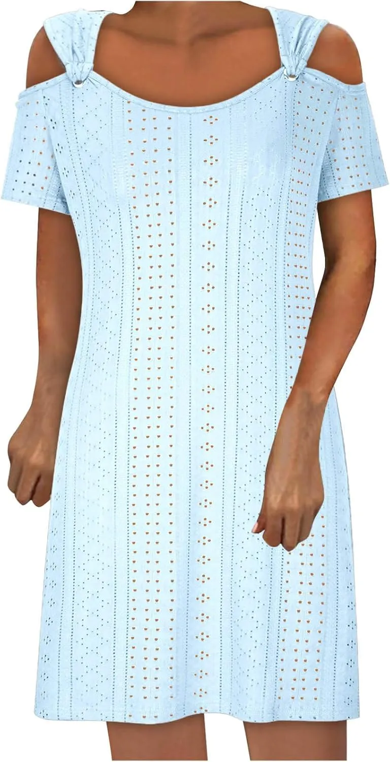 Mzkdieey Women Eyelet Embroidery Cold Shoulder T Shirt Dress Summer Short Sleeve Scoop Neck Sweet Ring Straps Beach Sundress