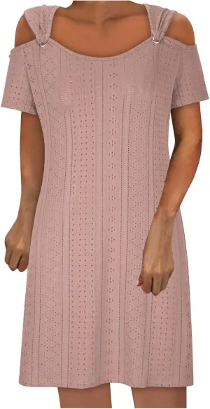 Mzkdieey Women Eyelet Embroidery Cold Shoulder T Shirt Dress Summer Short Sleeve Scoop Neck Sweet Ring Straps Beach Sundress