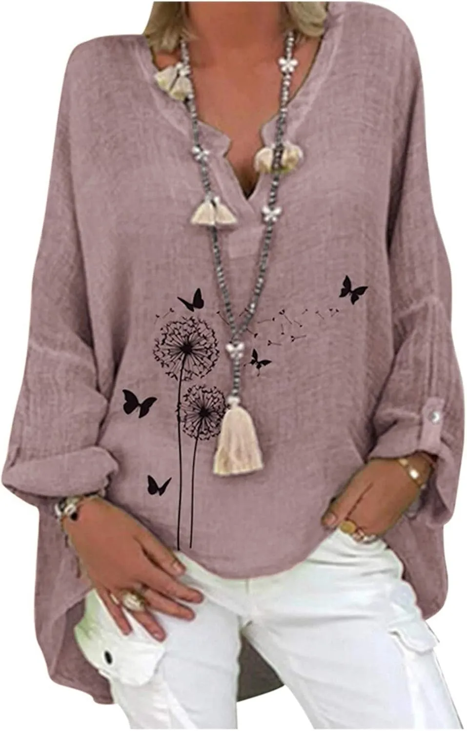 Ollysqiar Zip up Hoodies for Women,Women Long Sleeve T-Shirt Plus Size Casual Floral Print Loose V-Neck Shirt Blouse Top