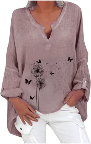 Ollysqiar Zip up Hoodies for Women,Women Long Sleeve T-Shirt Plus Size Casual Floral Print Loose V-Neck Shirt Blouse Top