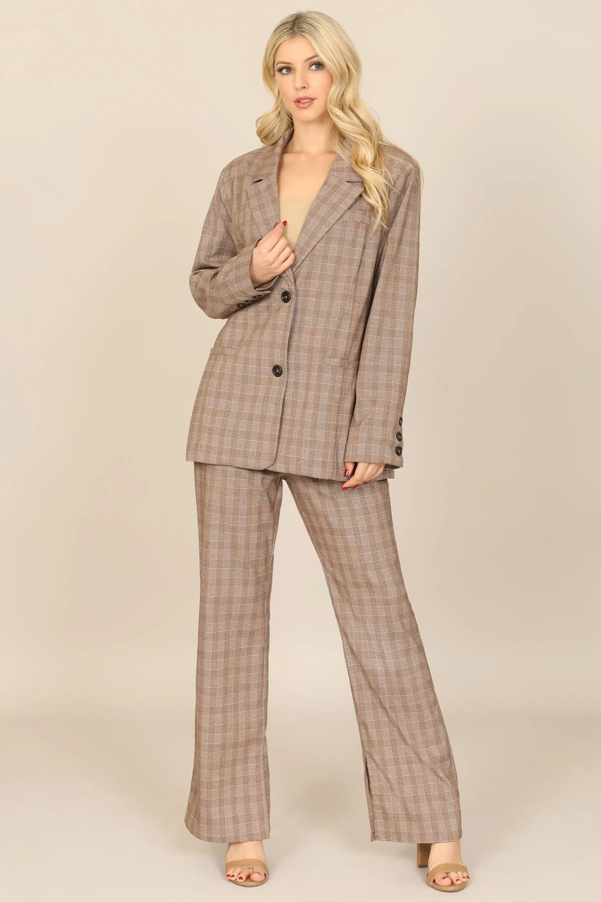 PLAID BUTTON DETAIL JACKET & PANTS SET