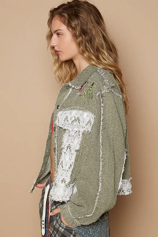 POL Clothing Crochet Patch Embroidered Button Up Jacket