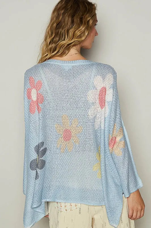 POL Flower Dropped Shoulder Knit Top In Baby Blue