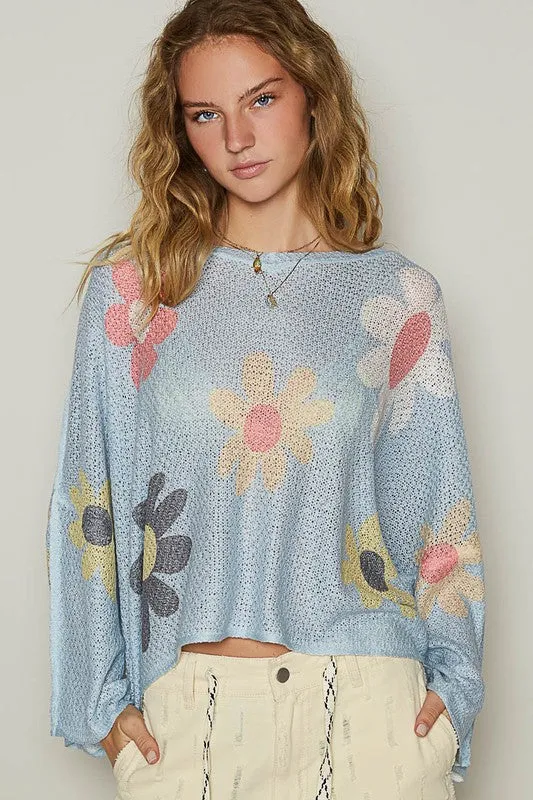 POL Flower Dropped Shoulder Knit Top In Baby Blue