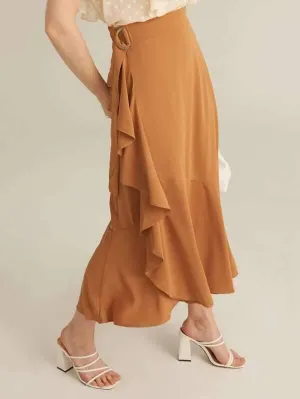 Premium Wrap Ruffle Detail D-ring Belted Skirt