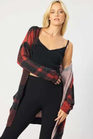 RED PLAID OPEN FRONT LONG CARDIGAN FSLSJ1001