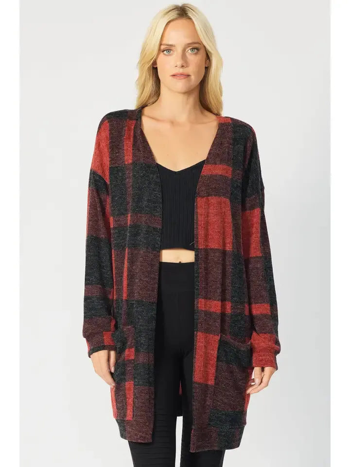 RED PLAID OPEN FRONT LONG CARDIGAN FSLSJ1001