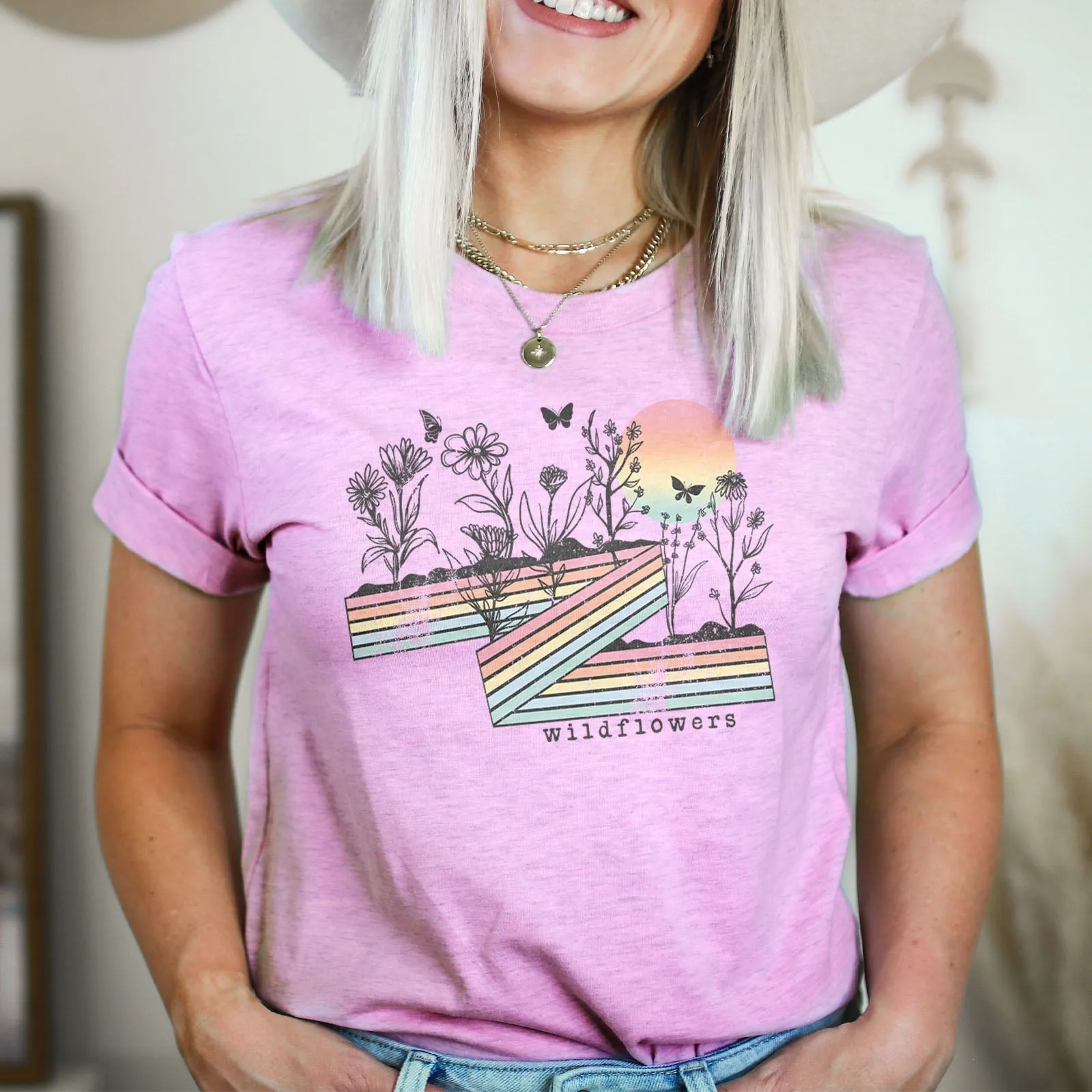 Retro Stripe Wildflowers Tee Shirts For Women - Christian Shirts for Women - Religious Tee Shirts