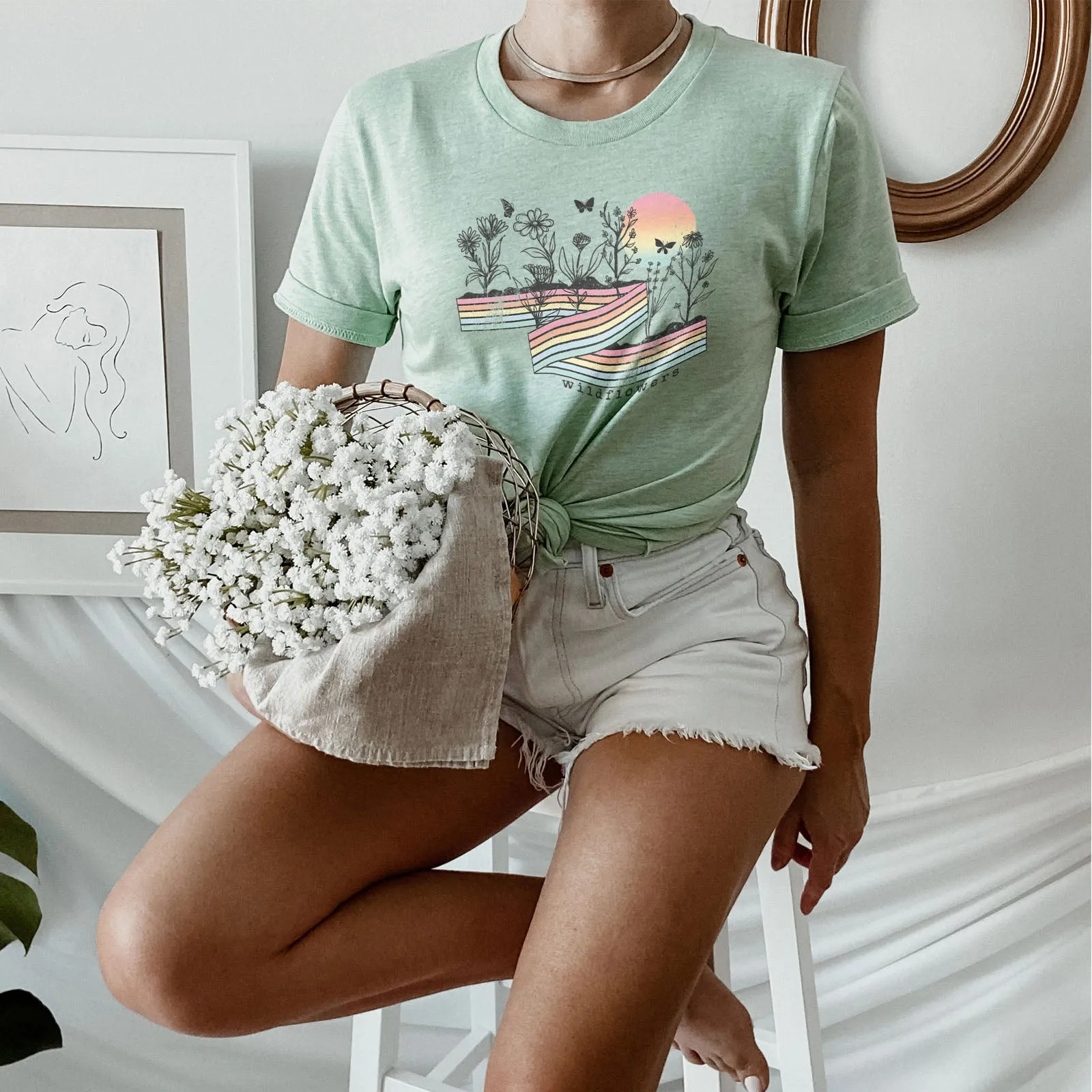 Retro Stripe Wildflowers Tee Shirts For Women - Christian Shirts for Women - Religious Tee Shirts